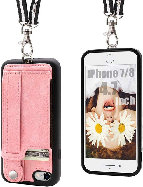 TOOVREN iPhone SE/7/8 Case, Pink Leather Wallet with Card Holder, Kickstand, Neck Strap, Adjustable Hand Strap, Wireless Charging Compatible...
